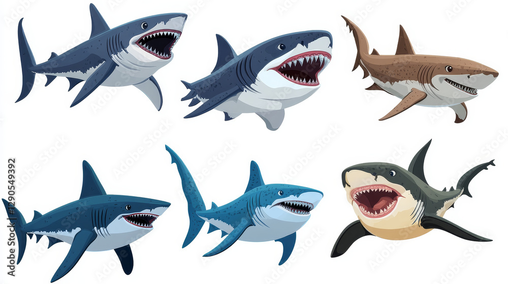 Shark vector fish set in flat style design. Different cartoon sharks icons isolated with sharp teeth mouth on white background. Shark vector fish set in flat style design. Different cartoon sharks icons isolated with sharp teeth mouth on white background.
