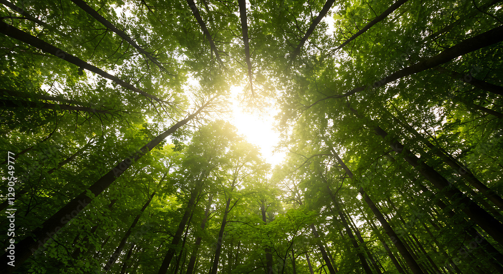Sunlight Dappling Through Lush Green Canopy: A Summer Forest Scene