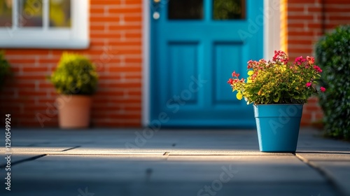 Blue door with a potted plant in front of it. The plant is pink and yellow