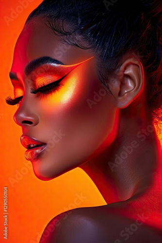 Bold Expression of Dramatic Makeup Featuring Fiery Red Mascara and Eyeliner Enhances Glowing Skin and Captivating Features in a Vibrant Setting After Sunset
