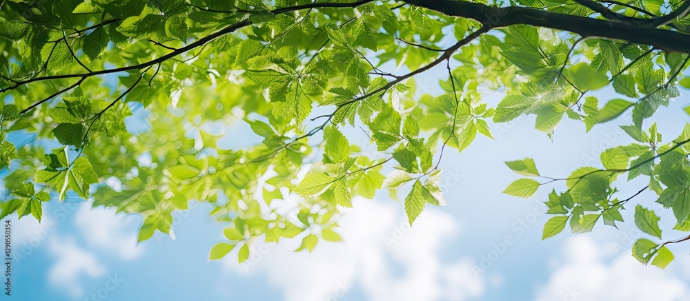 Bottom view of vibrant green tree leaves with blurred branches against a bright blue sky and fluffy white clouds, capturing the essence of spring. Bottom view of vibrant green tree leaves with blurred branches against a bright blue sky and fluffy white clouds, capturing the essence of spring.