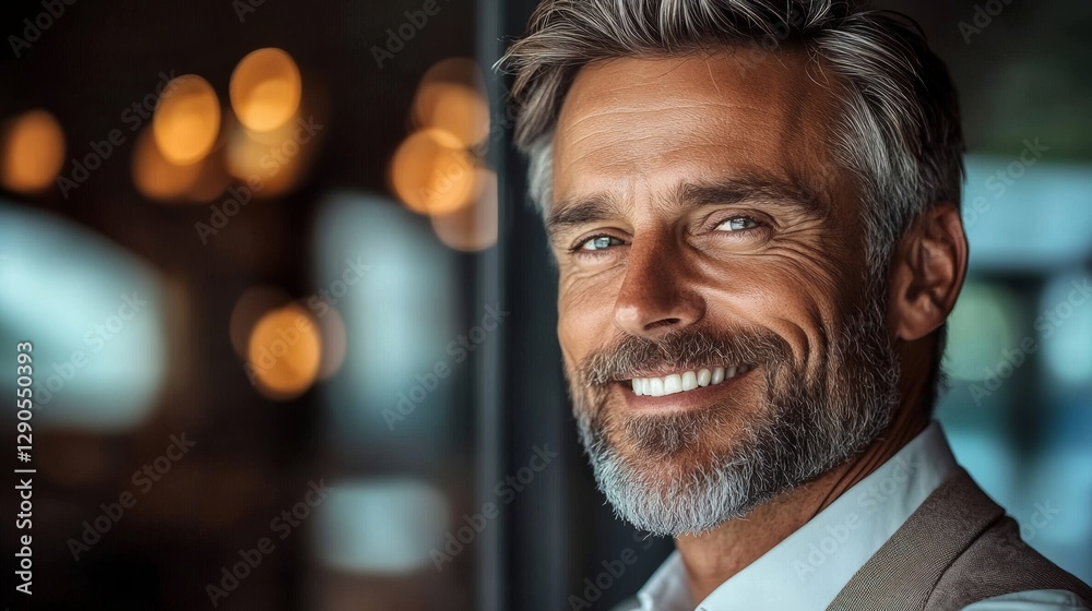Fototapeta premium Man with a beard and gray hair is smiling and looking at the camera. He is wearing a white shirt and a jacket
