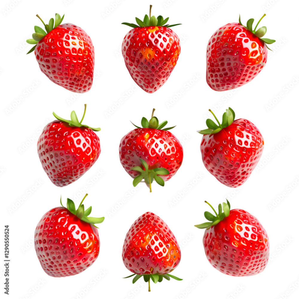 Nine juicy red strawberries arranged in a grid on black background Nine juicy red strawberries arranged in a grid on black background
