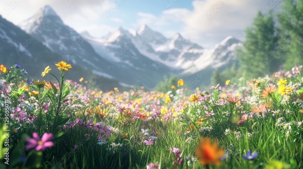 Fototapeta premium Vibrant Flower Field Under a Clear Blue Sky With Majestic Mountains in the Background During the Golden Hour of Late Afternoon