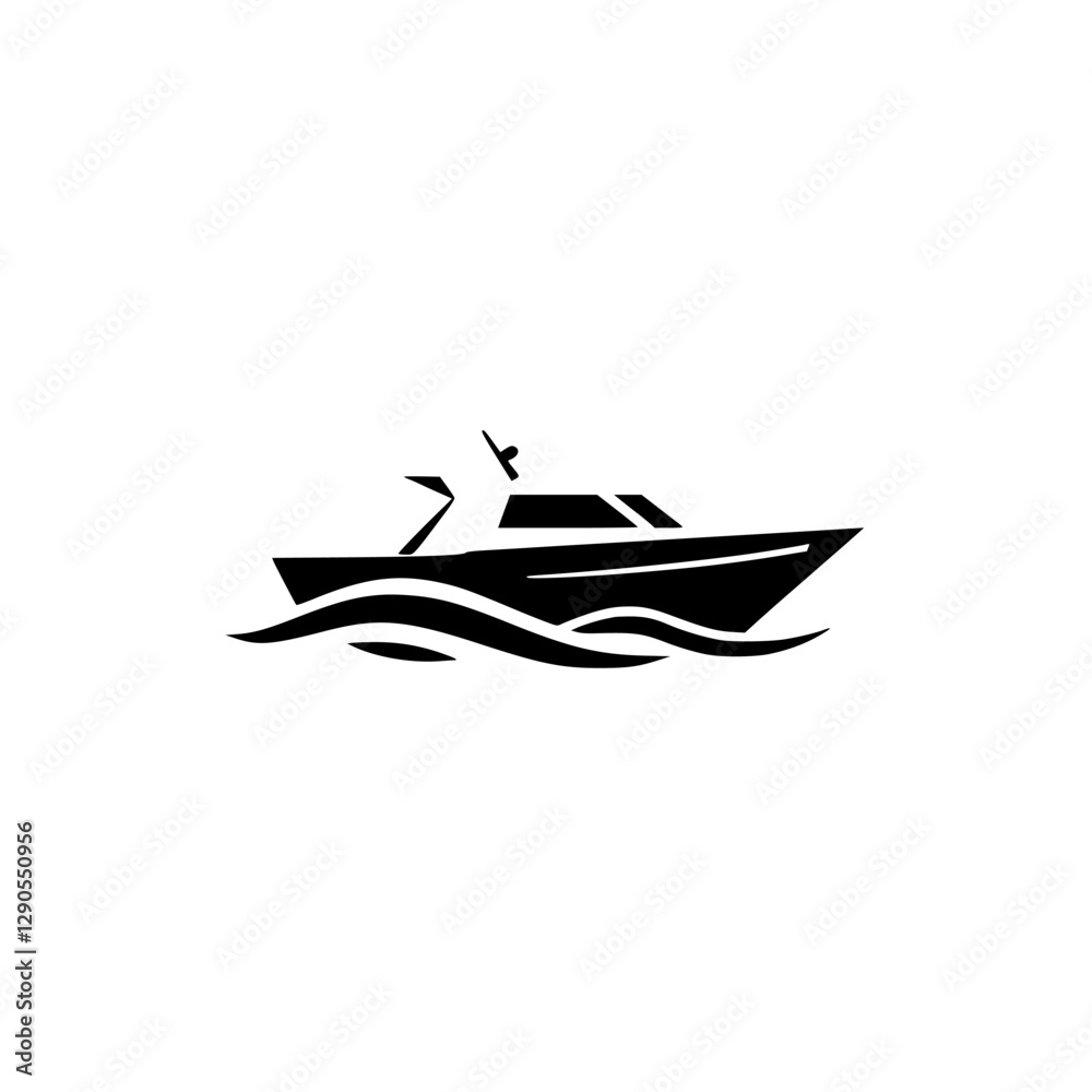 Black Monochrome Silhouette of a Speedboat Amidst Waves Against a White Background Black Monochrome Silhouette of a Speedboat Amidst Waves Against a White Background