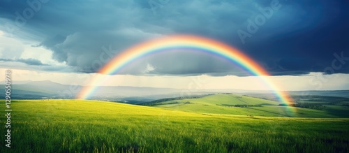 Double rainbow arching over a vibrant green hilly landscape under a dramatic gray sky after rain showcasing an atmospheric phenomenon.