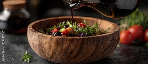 Freshly prepared salad topped with balsamic vinaigrette in a rustic wooden bowl surrounded by fresh herbs and cherry tomatoes on a dark surface.