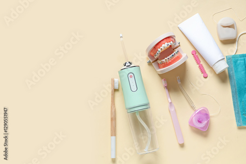 Set of oral hygiene with oral irrigator on color background photo