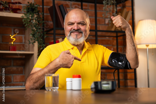 Valokuva Senior Indian man uses BP monitor at home, checks reading, and smiles while hold