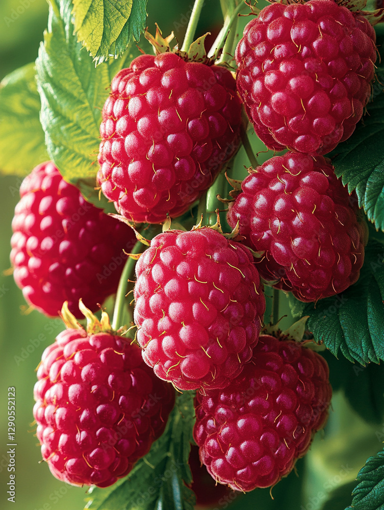 Fresh raspberries hanging in sunny summer garden Fresh raspberries hanging in sunny summer garden