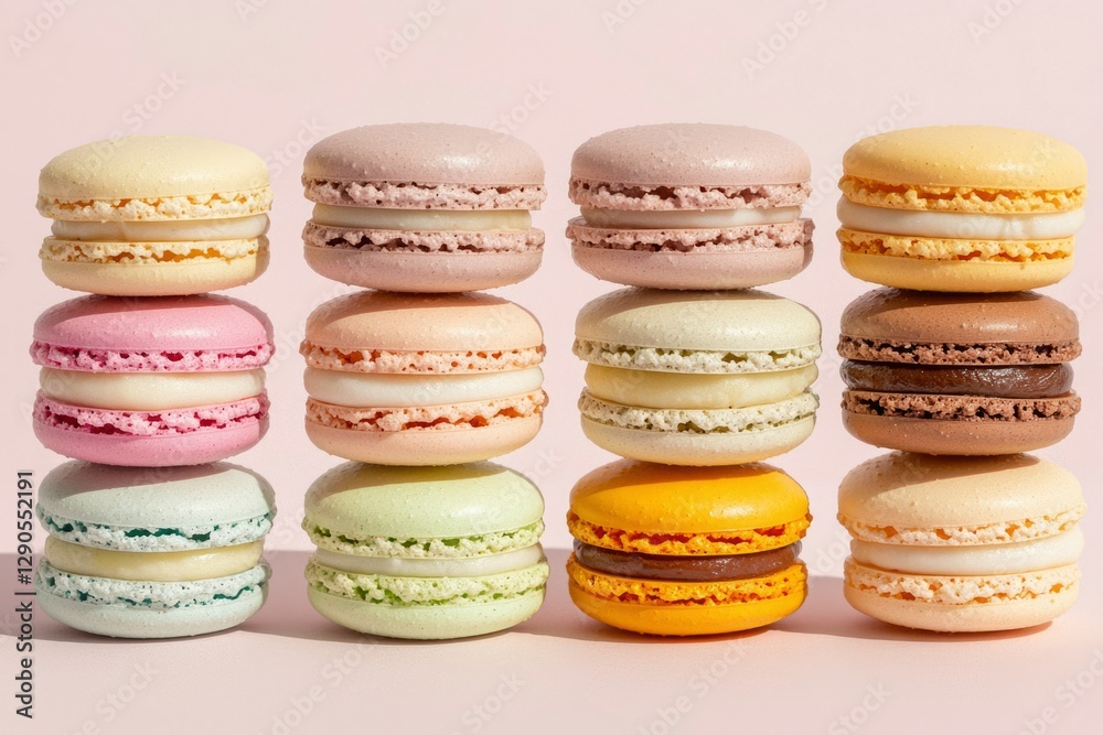 Stack of colorful macarons displayed on pink background, for dessert advertisement Stack of colorful macarons displayed on pink background, for dessert advertisement
