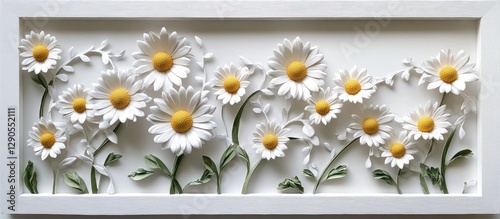 White daisy flowers with yellow centers arranged in a textured relief design against a white background, creating a bright and serene botanical scene.