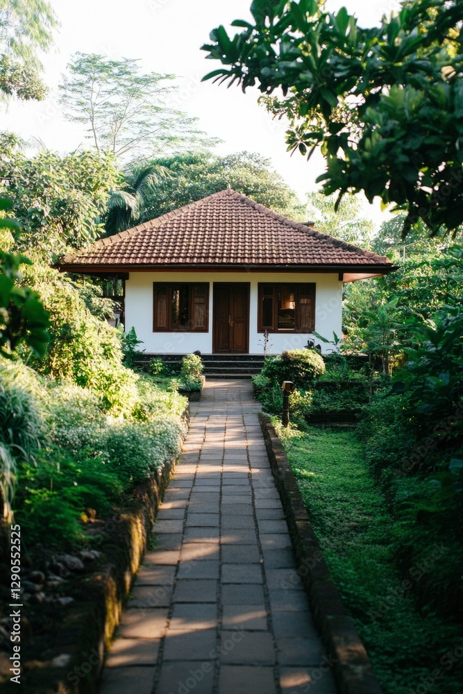 House nestled in lush greenery, path leading up, serene, nature setting, relax House nestled in lush greenery, path leading up, serene, nature setting, relax