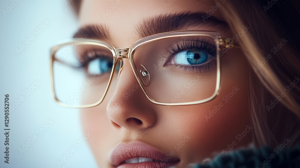 Fototapeta premium Woman with long brown hair and blue eyes is wearing gold framed glasses. She has a warm and friendly expression on her face