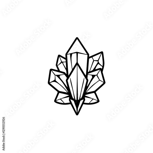 Black and white line drawing of a crystal cluster, radiating outward from a central point.