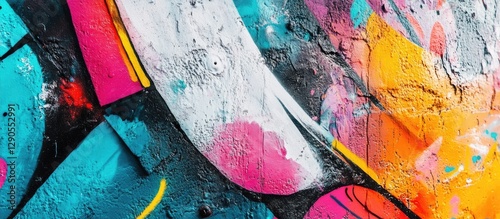 Vibrant graffiti mural close-up featuring bold splashes of pink, orange, and turquoise colors with dynamic abstract forms on a dark background.
