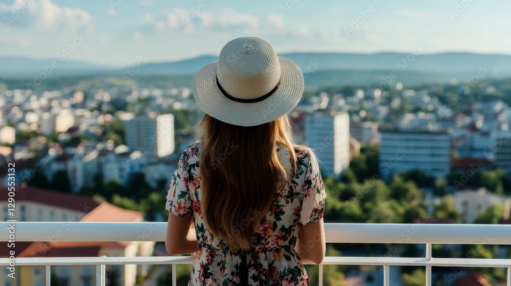 Fototapeta premium A woman stands on a balcony, wearing a straw hat and a floral dress, looking out over a vibrant cityscape. The setting sun casts a warm glow, enhancing the beauty of the skyline