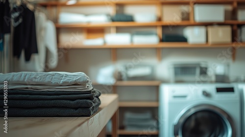 Bright Afternoon Light Illuminates a Cozy Laundry Room Featuring Washing Machines and a Tidy Workspace