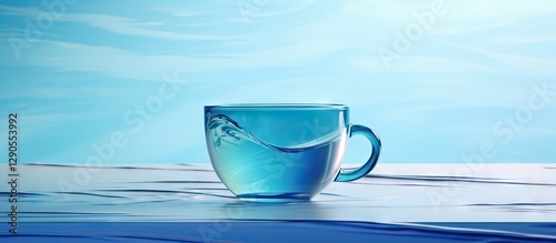 Transparent glass cup filled with turquoise liquid on a reflective surface against a soft blue backdrop, creating a serene and calming atmosphere.
