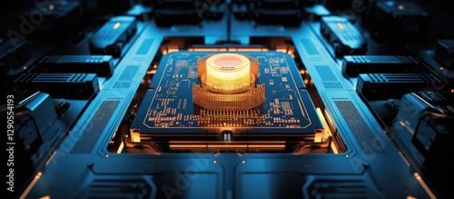 High-tech image of illuminated processor with a central golden core surrounded by dark blue circuitry components showcasing advanced technology.
