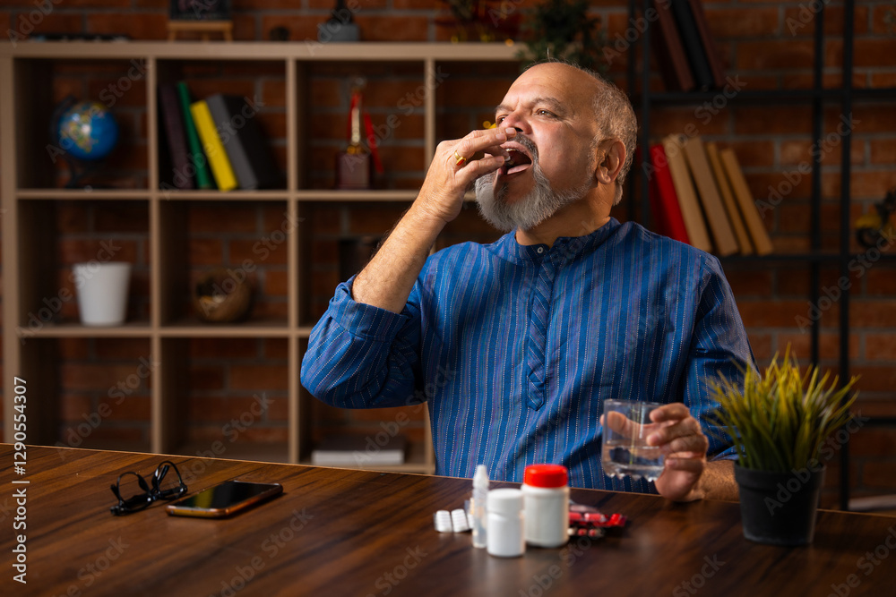 Retired Indian senior man takes his daily dose of medicine or pill for health while sitting at home Retired Indian senior man takes his daily dose of medicine or pill for health while sitting at home