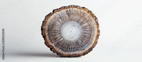 Natural wood cross-section showcasing intricate growth rings in shades of brown and white against a clean light background emphasizing texture and detail