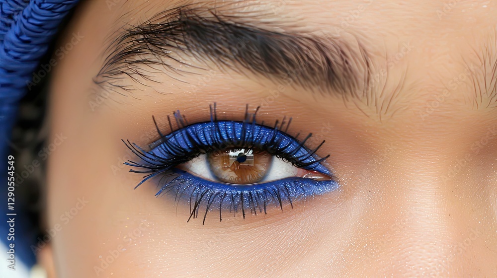 Obraz premium A striking look features bold electric blue mascara and matching eyeliner, highlighting a flawless complexion, perfect for a modern urban setting