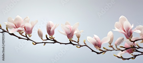 Delicate magnolia branch with soft pink flowers against a light gray background creating a serene spring atmosphere with gentle floral elegance.