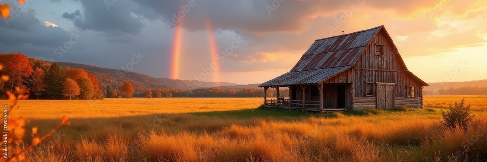 Rustic barn cabin, vibrant fall rainbow, golden field , breathtaking, photography, peaceful Rustic barn cabin, vibrant fall rainbow, golden field , breathtaking, photography, peaceful