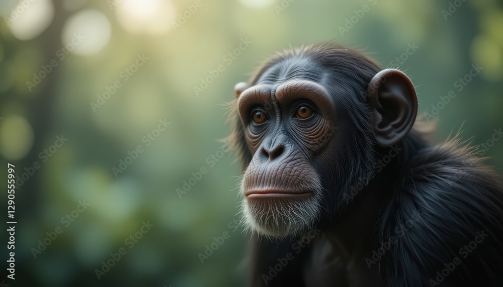 Close-up of a thoughtful chimpanzee in a lush forest. Close-up of a thoughtful chimpanzee in a lush forest.