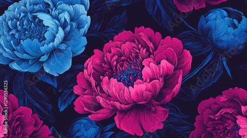 Fototapeta Naklejka Na Ścianę i Meble -  38.A vibrant seamless pattern featuring detailed blue and pink peonies in full bloom, intricately arranged on a deep black background, creating a striking contrast with vintage appeal.