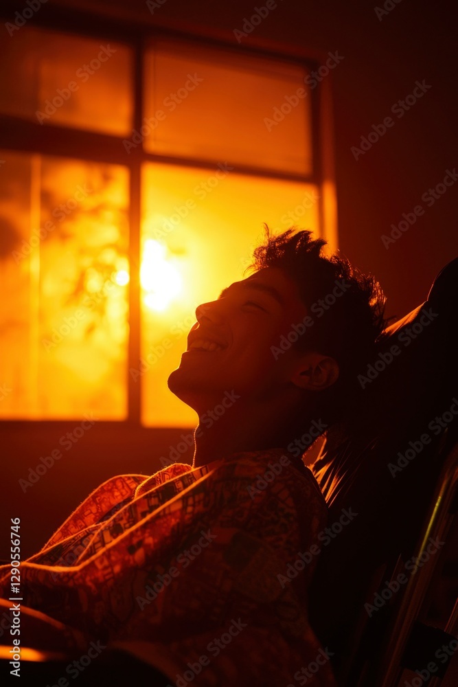Young man relaxing in chair; sunset through window creates warm glow Young man relaxing in chair; sunset through window creates warm glow