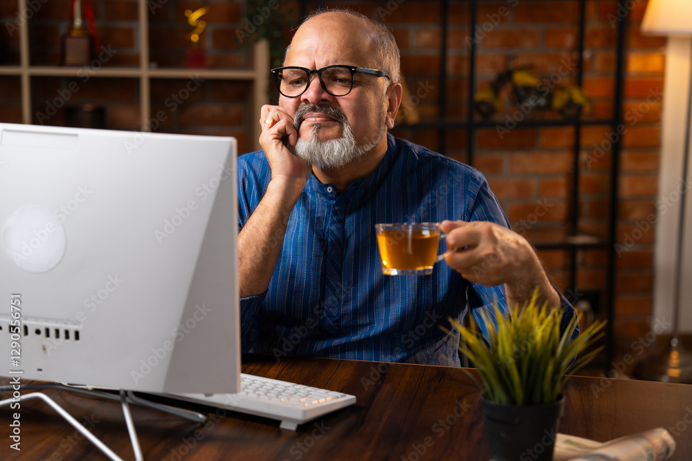 Retired Indian senior man in kurta uses desktop computer to type work reports at home workstation Retired Indian senior man in kurta uses desktop computer to type work reports at home workstation