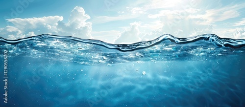 Crystal-clear underwater view showcasing a shimmering blue water surface with gentle waves and soft clouds in a bright sky above, ample copy space.