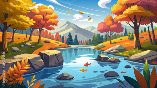 River reflecting autumn foliage, crystal-clear water, leaves floating on the surface, fish swimming below, a picturesque habitat