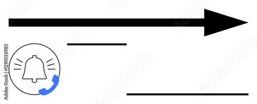 Bell alert icon with ringing lines and phone handle beside a bold black arrow pointing forward. Ideal for messages, updates, notifications, calls, action plans, forward-thinking, abstract line flat