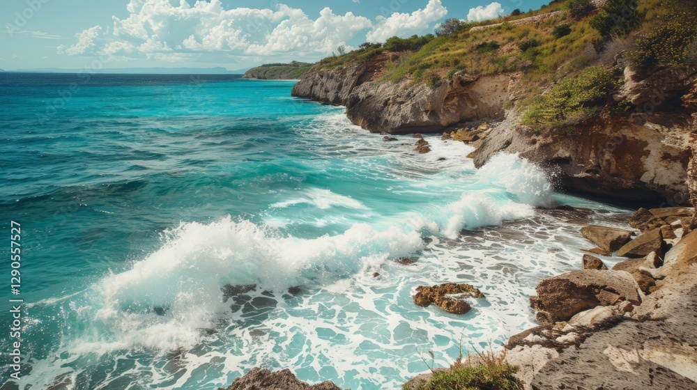 Obraz premium A panoramic view of a cliffside beach with waves crashing against the rocks with