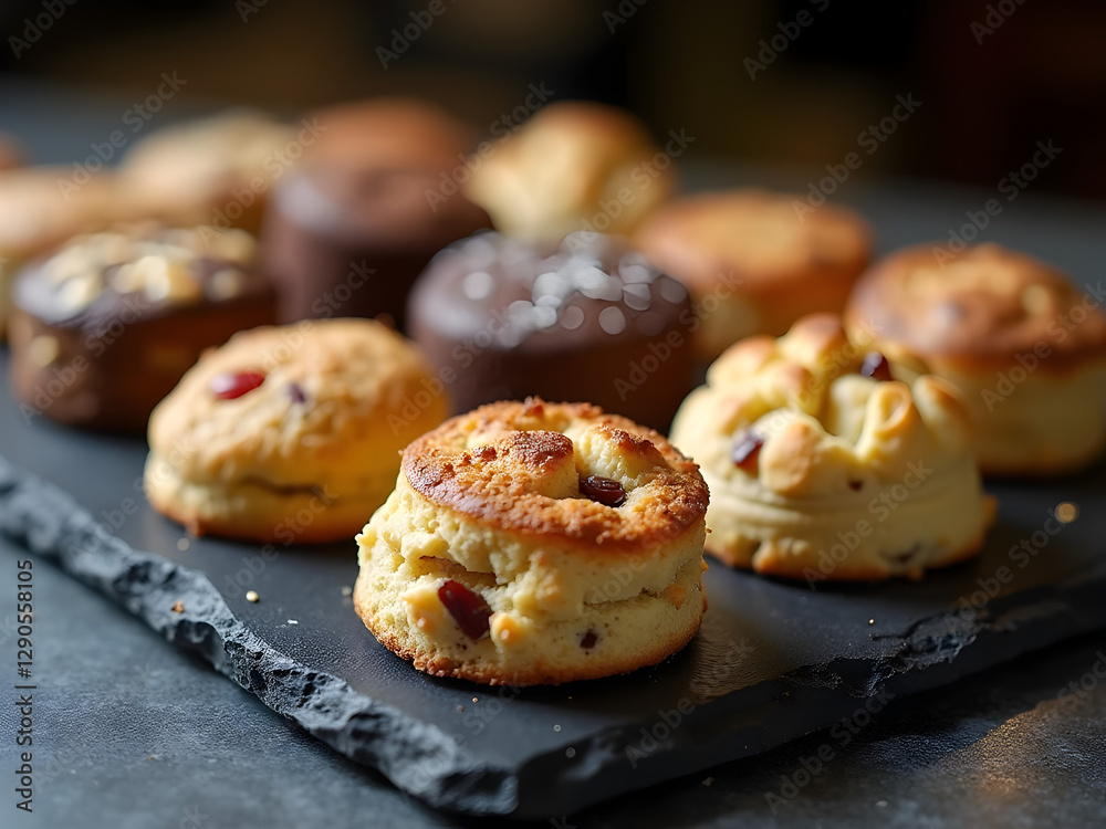 Premium Bakery Scone Selection: A sophisticated bakery menu showcasing a variety of premium scones, from traditional to modern flavors. Premium Bakery Scone Selection: A sophisticated bakery menu showcasing a variety of premium scones, from traditional to modern flavors.