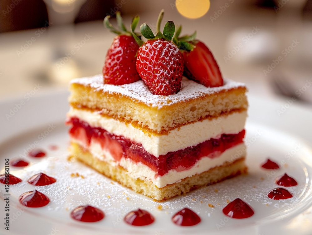 Delicious layered dessert topped with fresh strawberries Delicious layered dessert topped with fresh strawberries