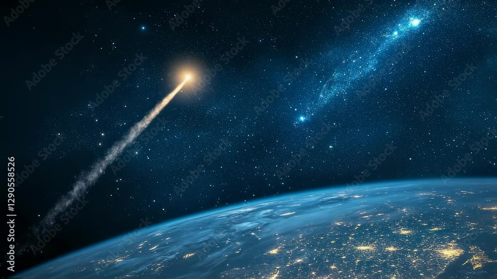 Rocket Launch into Space over Earth at Night. Dramatic view of spacecraft trajectory against starry sky and illuminated planet surface. Space exploration and astronomy concept with copy space