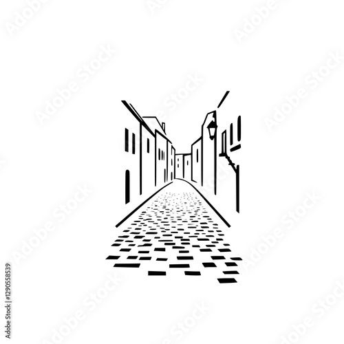 Cobblestone Street Silhouette: A Black and White Cityscape of Architectural Detail.