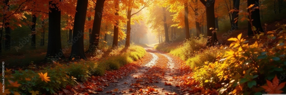 Obraz premium Sun-dappled trail winds through vibrant autumn foliage, crunchy leaves underfoot , forest, trail