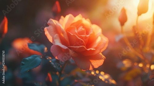 60.A romantic close-up of an orange floribunda rose in the garden, its petals glowing under soft natural light, surrounded by other blurred blooms and lush green leaves.