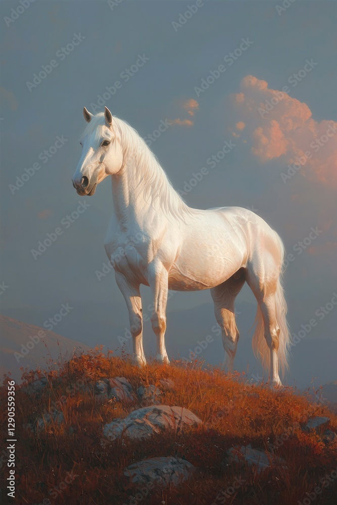 Obraz premium White Horse Standing Proudly on Hilltop at Sunset. Travel or Animal Advertisement