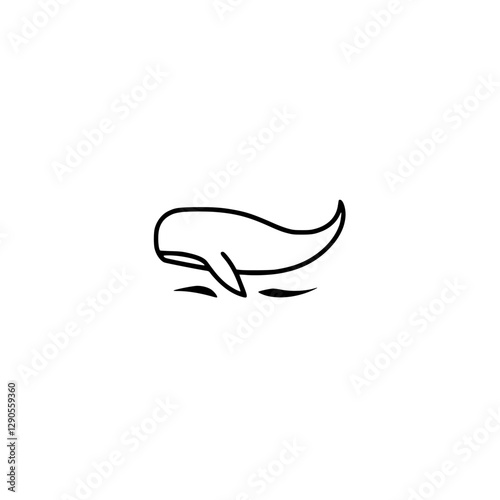 Minimalist black and white line drawing of a whale surfacing over sea