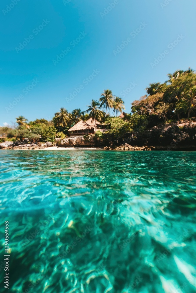 Obraz premium Seaside resort in a tropical island. Calm water, lush vegetation in background