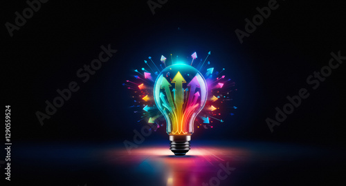 A glowing lightbulb radiates vibrant arrows pointing upwards on a dark background, representing innovation and forward movement.