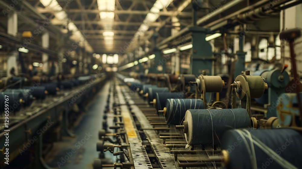Industrial Textile Factory with Spools and Machinery in a Long-Awaited Production Line Industrial Textile Factory with Spools and Machinery in a Long-Awaited Production Line
