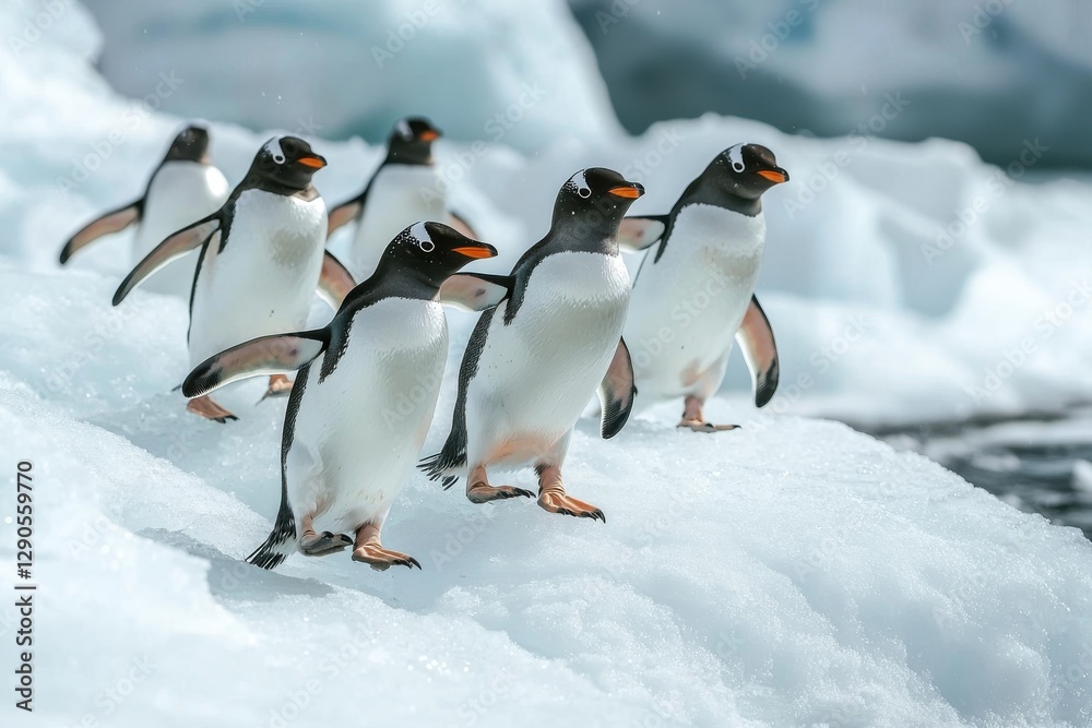 Fototapeta premium A charming group of penguins waddles across the icy terrain, showcasing their playful nature in a stunning polar landscape.