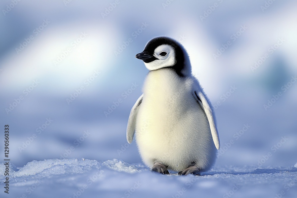 Fototapeta premium A cute baby penguin stands alone on the snow, showcasing its fluffy feathers and unique black and white coloring against a chilly backdrop.